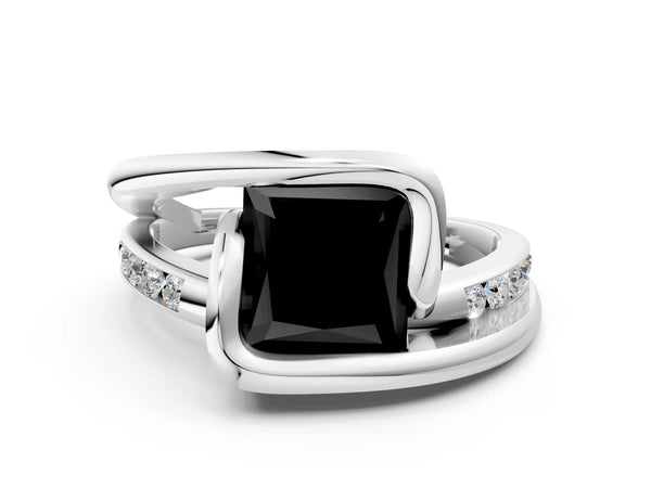 Silver Fancy Black Princess Cut Solitaire Tension-Set Diamond Split Shank Ring