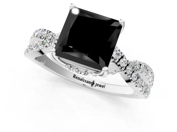 Sterling Silver Princess Cut Twisted Split Shank Engagement Ring Setting for Black Center