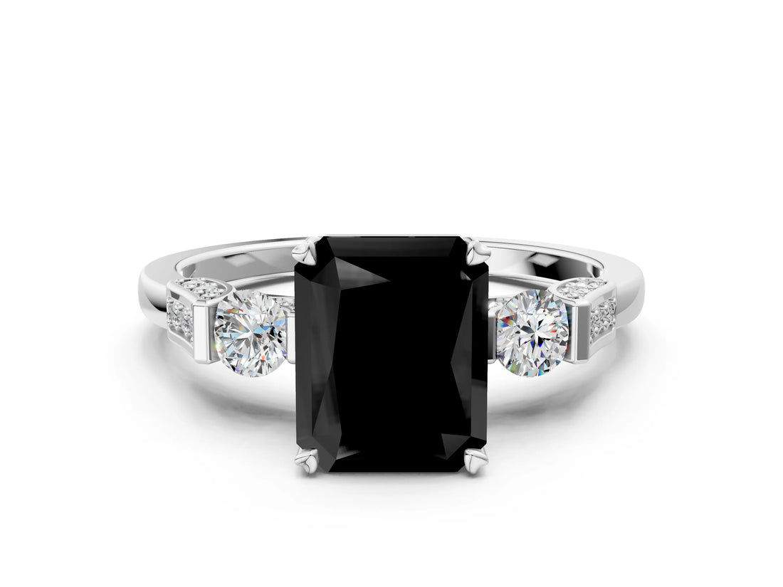 Silver Fancy Black Radiant Cut Brilliant Three-Stone Pave Band with Four-Prong Setting_6