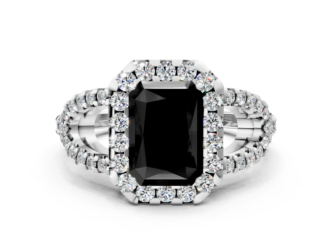 Silver Fancy Black Radiant Cut Cut Diamond Halo Engagement Ring with Open Split Pavé Band_6
