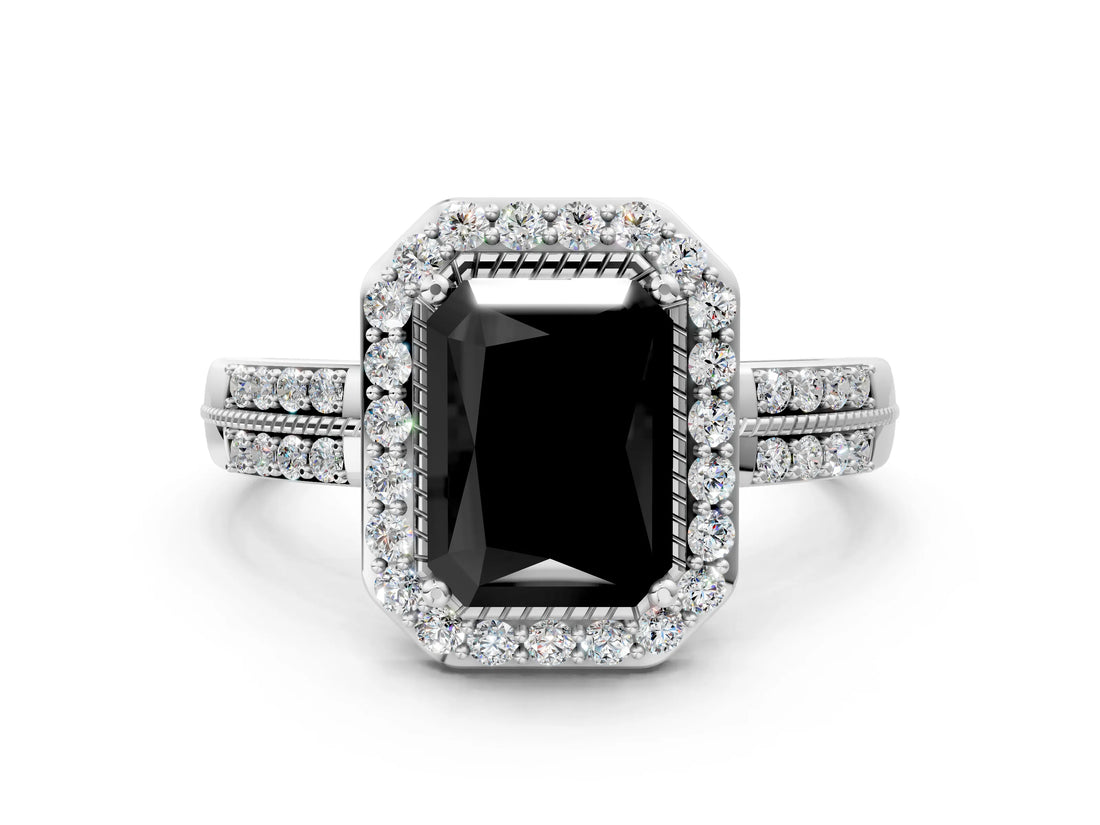 Silver Fancy Black Radiant Cut Diamond Double Halo Ring with Split Shank and Four-Prong Setting_6