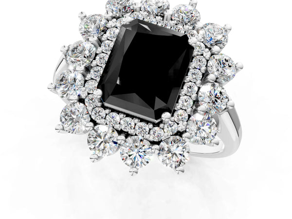 Sterling Silver Radiant Cut Floral Double Halo Engagement Ring Setting for Black Center