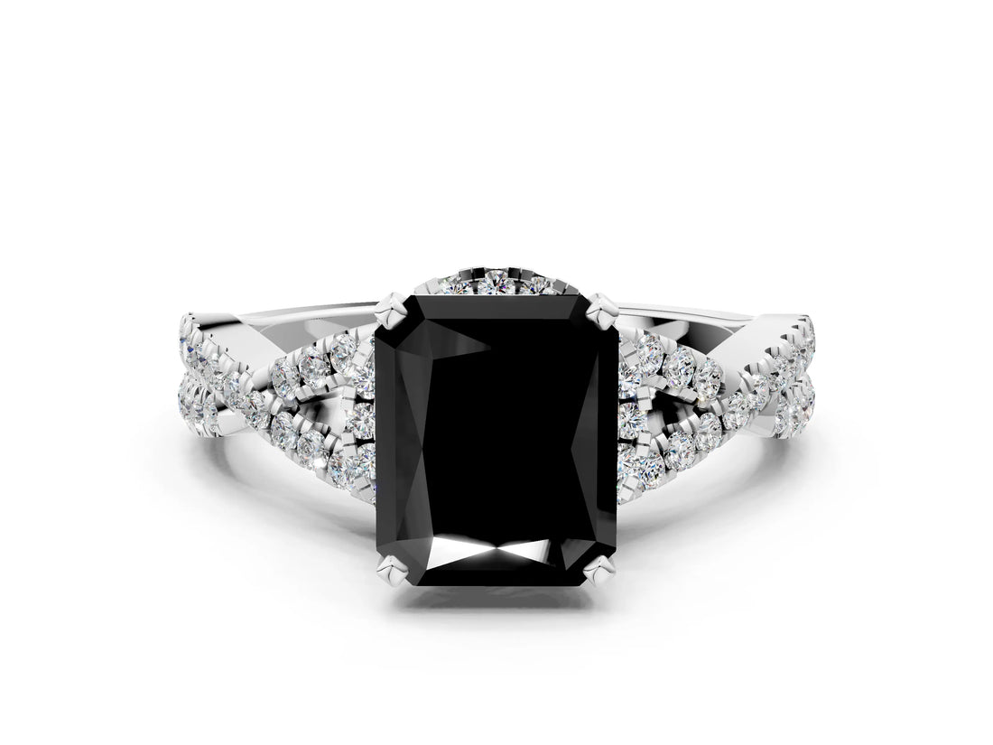 Silver Fancy Black Radiant Cut Diamond  Halo Twist Band Solitaire Prong Setting Ring_12