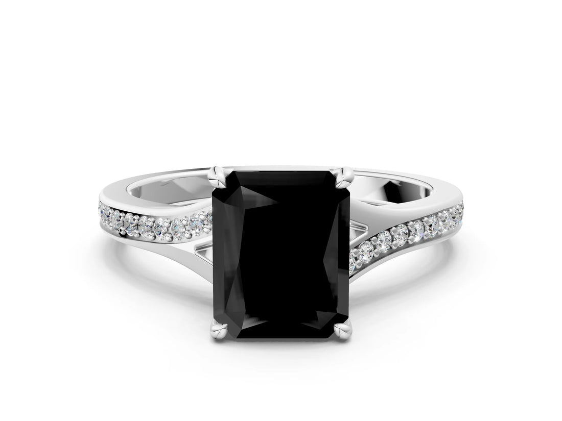 Silver Fancy Black Radiant Cut Diamond Solitaire Ring with Pavé Band and Prong Setting_12