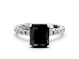 Silver Fancy Black Radiant Cut Diamond Solitaire Ring with Round  Pavé Band and Four-Prong Setting_24