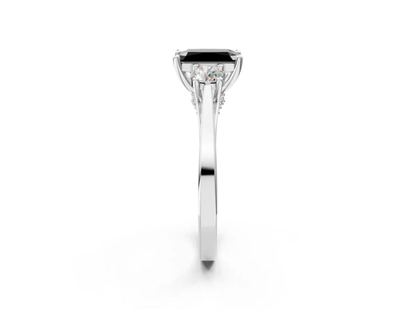 Silver Fancy Black Radiant Cut Diamond Three-Stone Engagement Ring with Prong Setting and Pavé Band