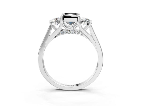 Silver Fancy Black Radiant Cut Diamond Three-Stone Engagement Ring with Prong Setting and Pavé Band