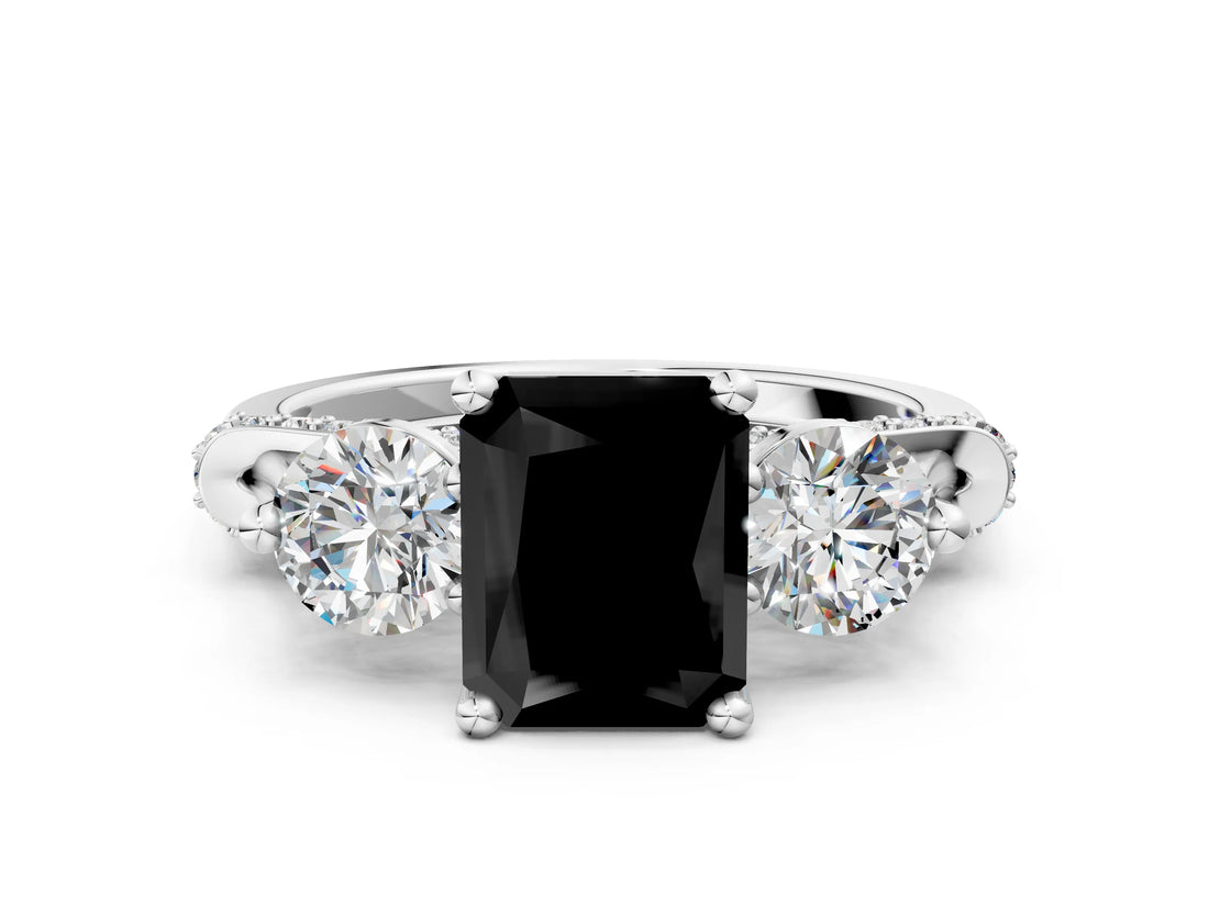 Silver Fancy Black Radiant Cut Diamond Three-Stone Ring with Prong Setting and Pavé Band_6