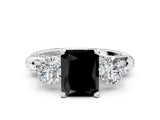 Silver Fancy Black Radiant Cut Diamond Three-Stone Ring with Prong Setting and Pavé Band_6