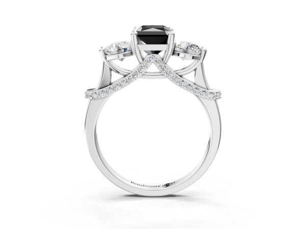 Sterling Silver Radiant Cut Curved Pave Three Stone Engagement Ring Setting for Black Center