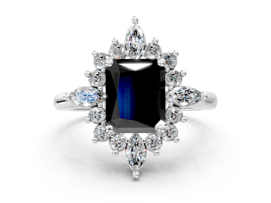 Silver Fancy Black Radiant Cut Halo Diamond Cluster Ring with Marquise and Round Stones on a White Gold Band with Prong Setting