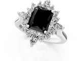 Silver Fancy Black Radiant Cut Halo Diamond Cluster Ring with Marquise and Round Stones on a White Gold Band with Prong Setting_1