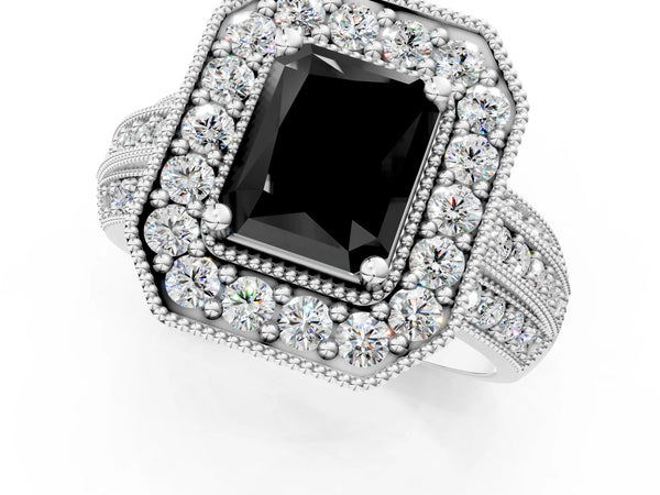 Silver Fancy Black Radiant Cut Halo Diamond Engagement Ring with Pave Split Shank and Four-Prong Setting