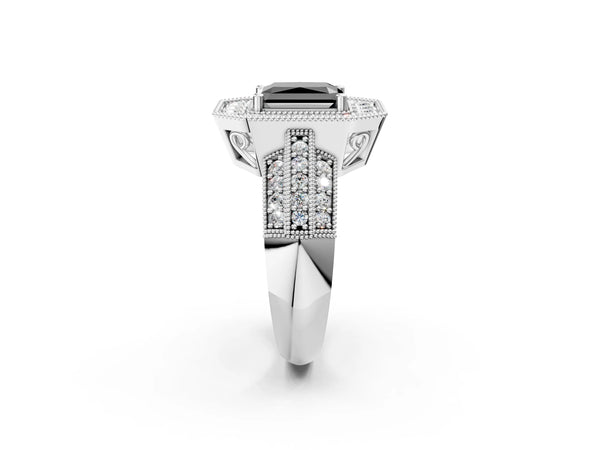 Silver Fancy Black Radiant Cut Halo Diamond Engagement Ring with Pave Split Shank and Four-Prong Setting