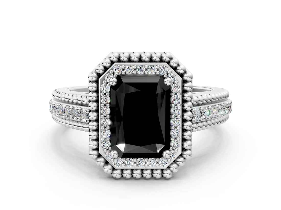 Silver Fancy Black Radiant Cut Halo Diamond Ring with Beaded Split Shank and Four-Prong Setting_6