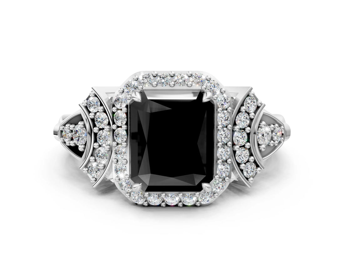 Silver Fancy Black Radiant Cut Halo Diamond Split Shank Engagement Ring with Four-Prong Setting_6