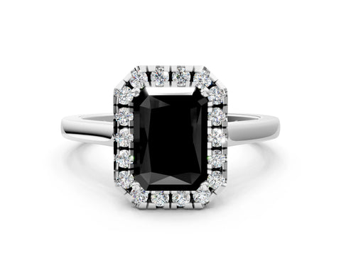 Silver Fancy Black Radiant Cut Halo Round Diamond Solitaire Ring with Pavé Band and Four-Prong Setting_18