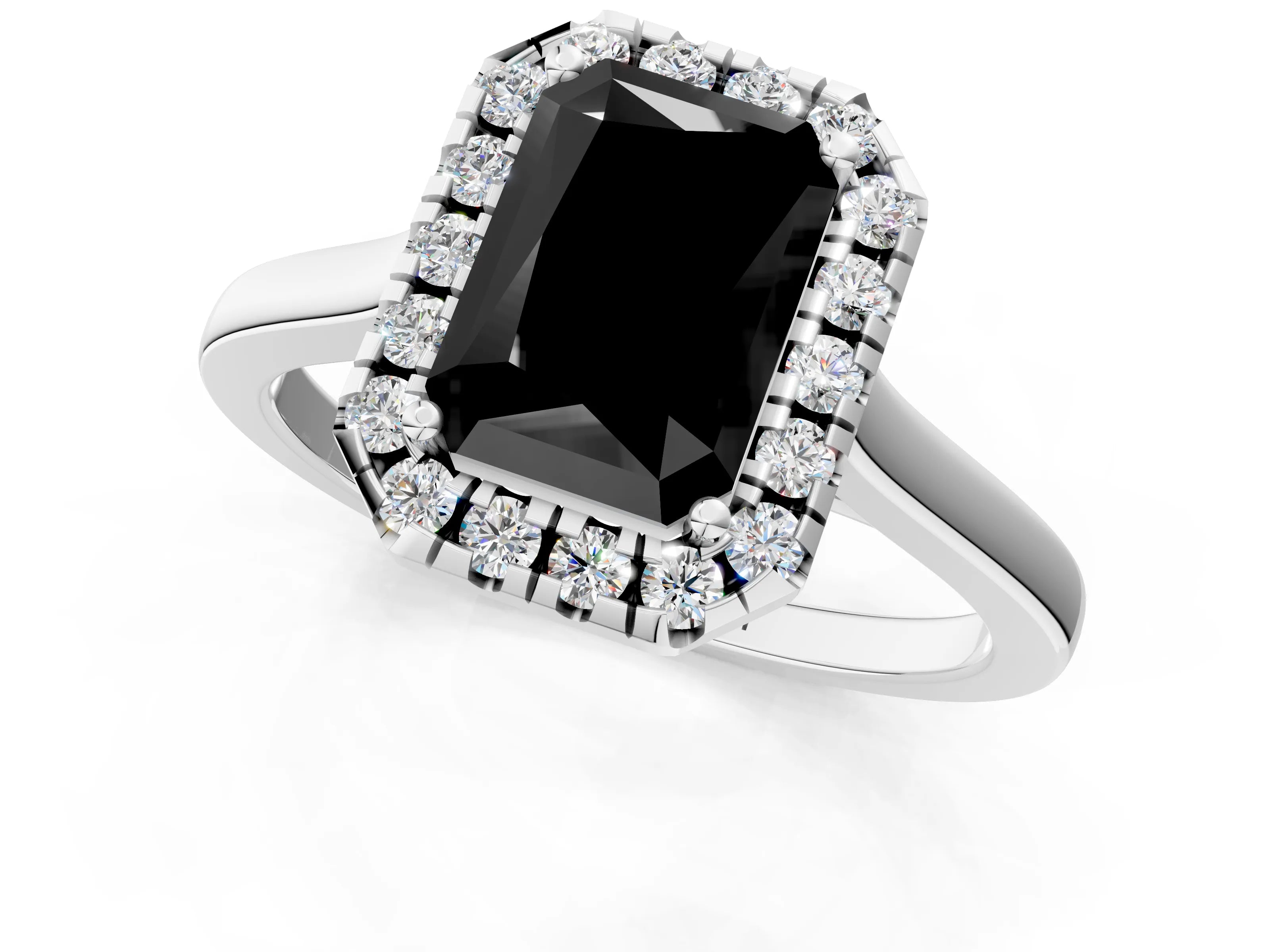 Silver Fancy Black Radiant Cut Halo Round Diamond Solitaire Ring with Pavé Band and Four-Prong Setting_19