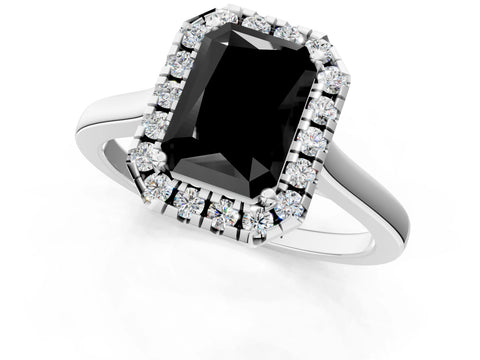 Silver Fancy Black Radiant Cut Halo Round Diamond Solitaire Ring with Pavé Band and Four-Prong Setting_19