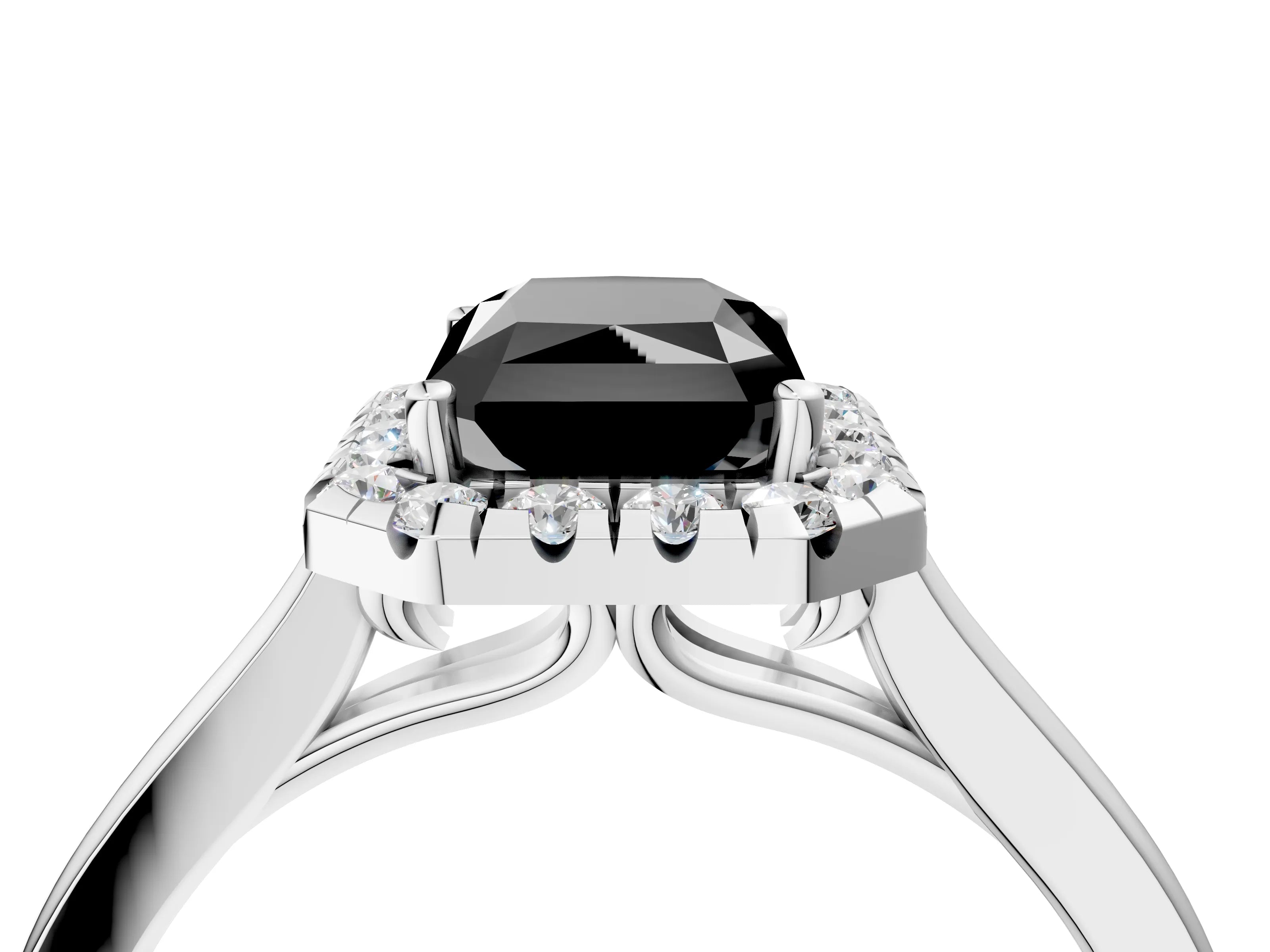 Silver Fancy Black Radiant Cut Halo Round Diamond Solitaire Ring with Pavé Band and Four-Prong Setting_22