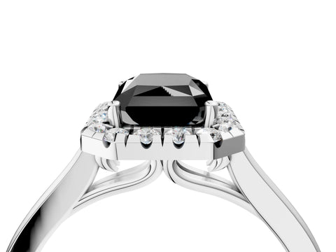 Silver Fancy Black Radiant Cut Halo Round Diamond Solitaire Ring with Pavé Band and Four-Prong Setting_22