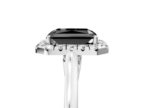 Silver Fancy Black Radiant Cut Halo Round Diamond Solitaire Ring with Pavé Band and Four-Prong Setting_23