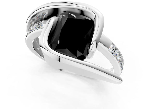 Silver Fancy Black Radiant Cut Solitaire Tension-Set Diamond Split Shank Ring