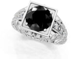 Silver Fancy Black Round Cut Brilliant Milgrain Filigree Diamond Ring with Square Prong Setting_13