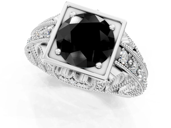 Silver Fancy Black Round Cut Brilliant Milgrain Filigree Diamond Ring with Square Prong Setting