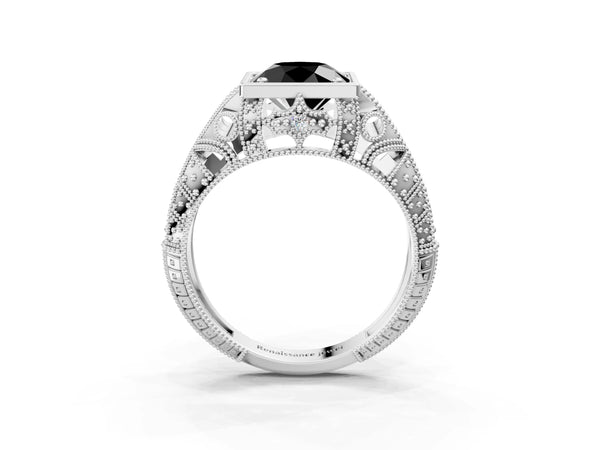 Silver Fancy Black Round Cut Brilliant Milgrain Filigree Diamond Ring with Square Prong Setting