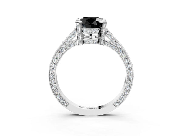 Silver Fancy Black Round Cut Brilliant Split Shank Pave Solitaire Ring with Four-Prong Setting