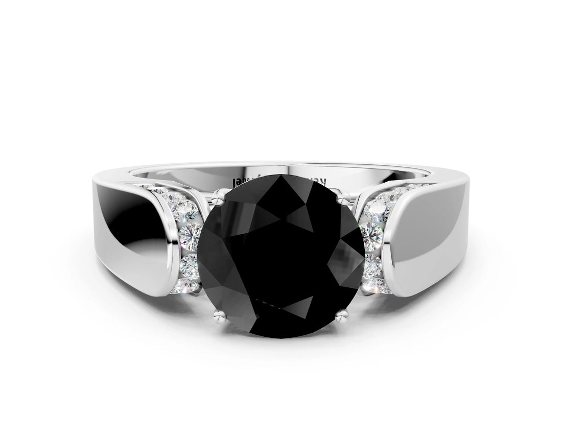 Silver Fancy Black Round Cut Diamond Channel Set Solitaire Ring with Four-Prong Setting_84