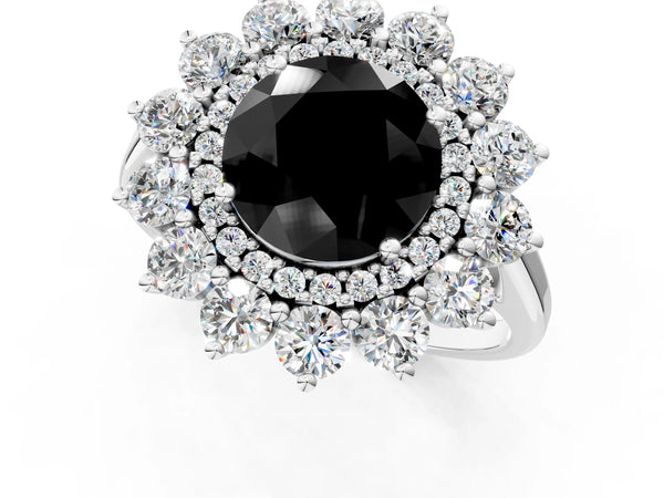 Sterling Silver Round Floral Double Halo Engagement Ring Setting for Black Center