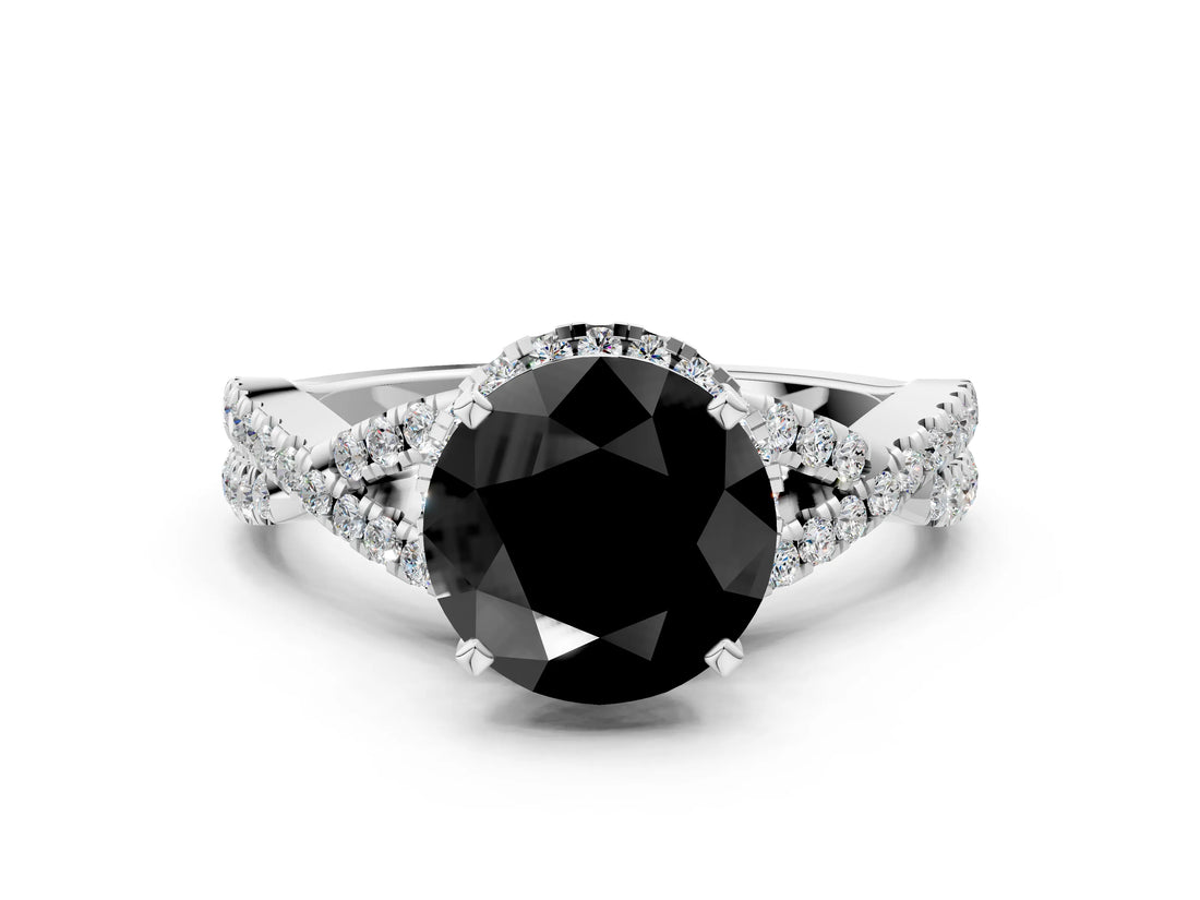 Silver Fancy Black Round Cut Diamond  Halo Twist Band Solitaire Prong Setting Ring_12