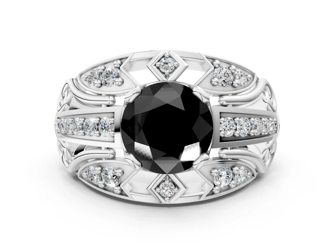 Silver Fancy Black Round Cut Diamond Pave Art Deco Split Shank Ring with Four-Prong Setting_6