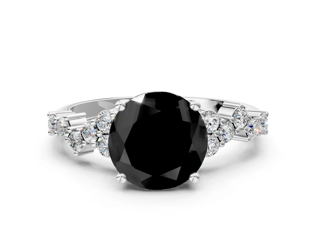 Silver Fancy Black Round Cut Diamond Scattered Round Accent Ring with Prong Setting