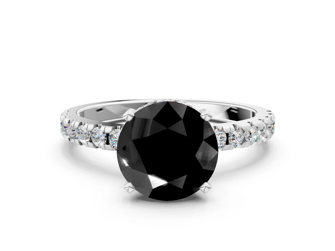 Silver Fancy Black Round Cut Diamond Solitaire Ring with Round  Pavé Band and Four-Prong Setting_24