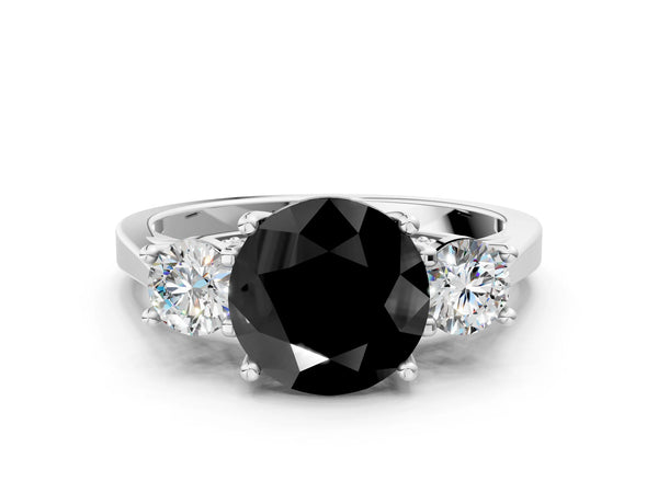 Silver Fancy Black Round Cut Diamond Three-Stone Engagement Ring with Prong Setting and Pavé Band