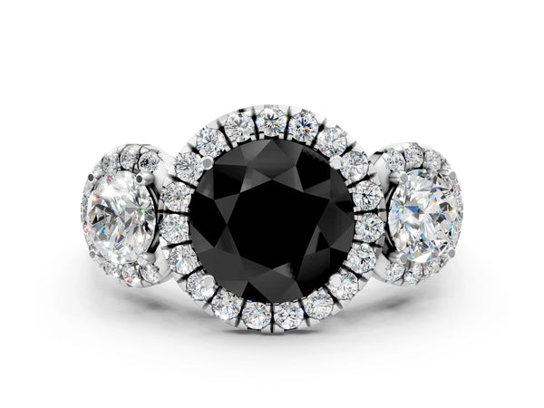 Sterling Silver Round Three Stone Halo Engagement Ring Setting for Black Center