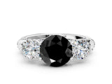 Silver Fancy Black Round Cut Diamond Three-Stone Ring with Prong Setting and Pavé Band_12