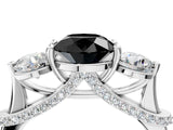 Silver Fancy Black Round Cut Diamond Three-Stone Ring with Prong Setting and Pavé Band_16