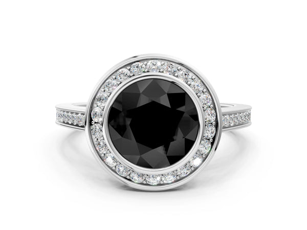 Silver Fancy Black Round Cut Halo Bezel Diamond Pave Band Ring