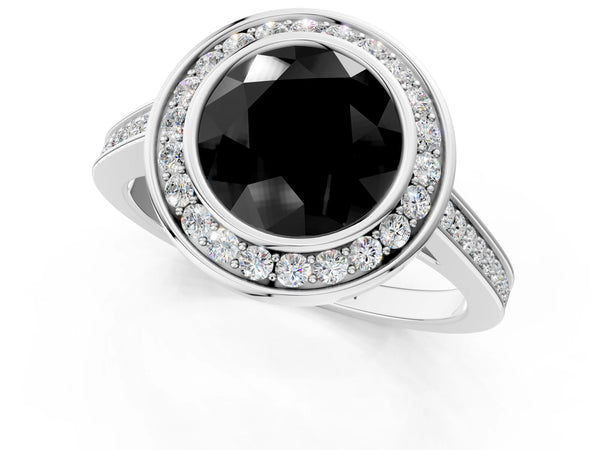 Silver Fancy Black Round Cut Halo Bezel Diamond Pave Band Ring