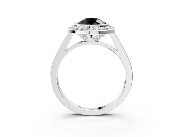 Silver Fancy Black Round Cut Halo Bezel Diamond Pave Band Ring