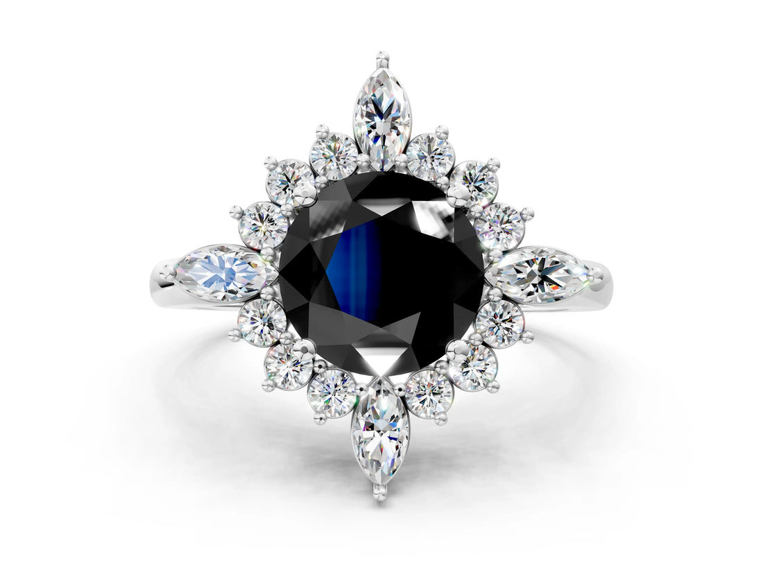 Silver Fancy Black Round Cut Halo Diamond Cluster Ring with Marquise and Round Stones on a White Gold Band with Prong Setting_6