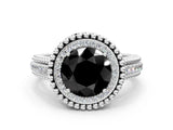 Silver Fancy Black Round Cut Halo Diamond Ring with Beaded Split Shank and Four-Prong Setting_6