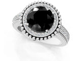 Silver Fancy Black Round Cut Halo Diamond Ring with Beaded Split Shank and Four-Prong Setting_7