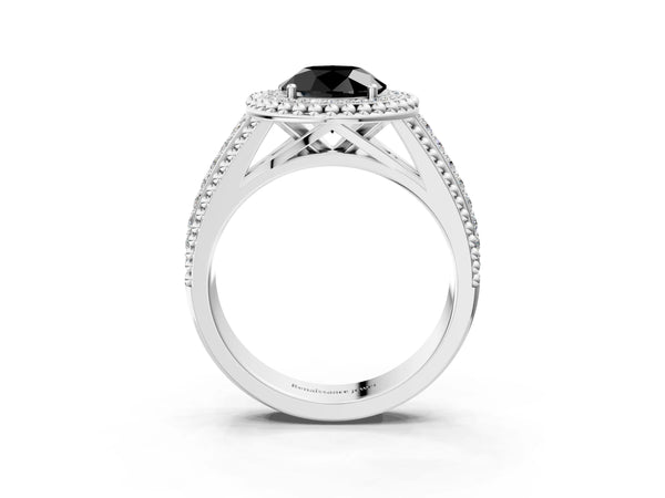 Sterling Silver Round Beaded Halo Engagement Ring Setting for Black Center with Pave