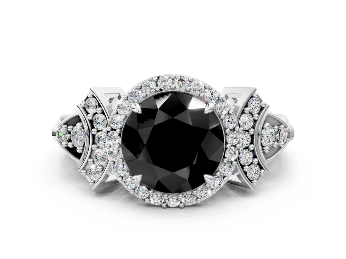 Silver Fancy Black Round Cut Halo Diamond Split Shank Engagement Ring with Four-Prong Setting_6