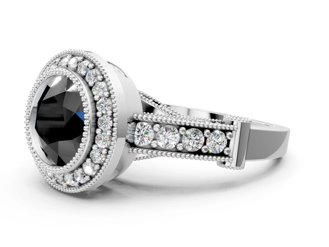 Silver Fancy Black Round Cut Halo Diamond Split Shank Pave Ring_6